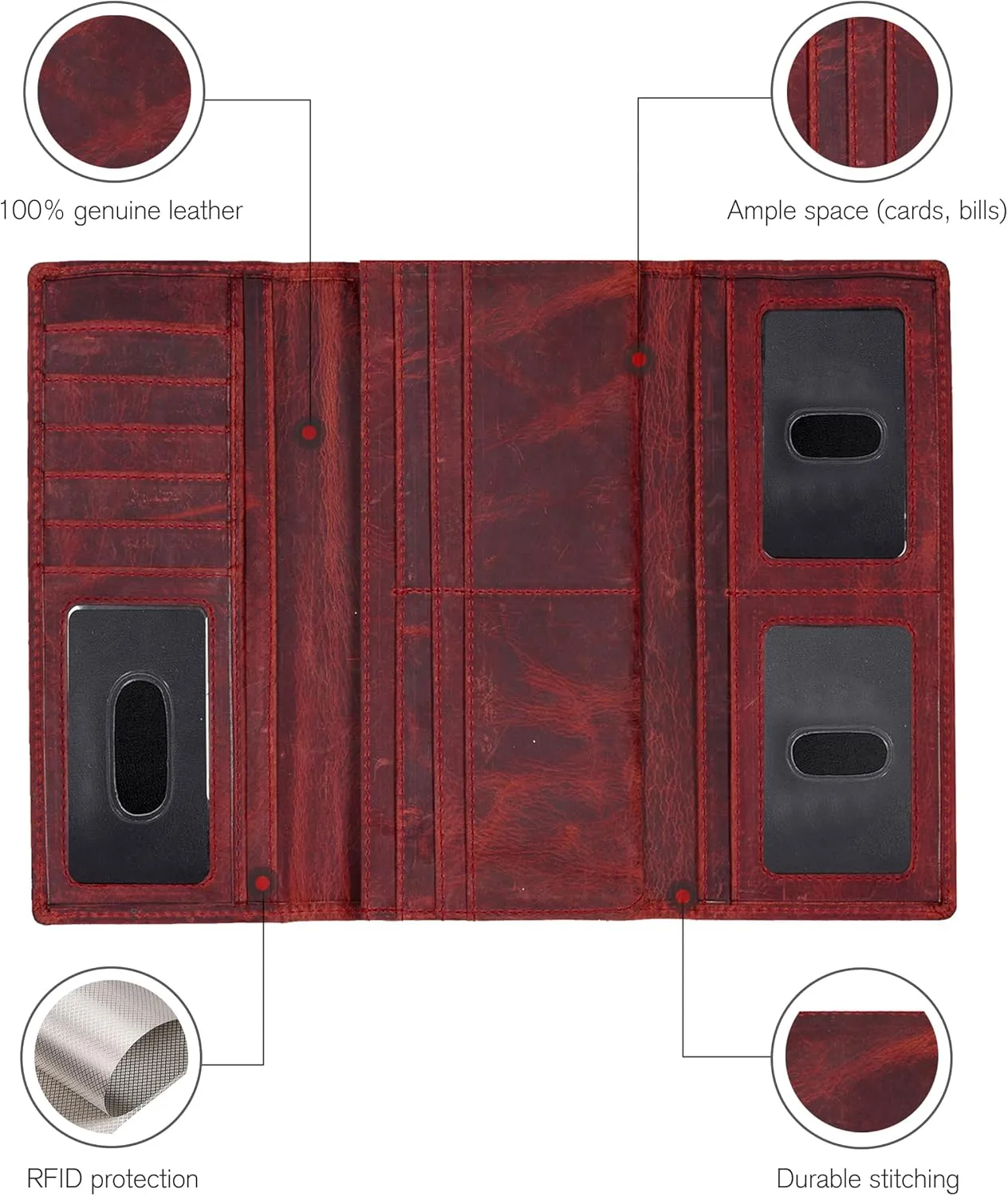 ESTALON Leather Long Bifold Wallet for Women | RFID Blocking | 11 Card Organizer Slots | 3 ID Windows | Trendy Women's Travel Wallet | Ladies Clutch Purse | Gifts for Her | Red Hunter