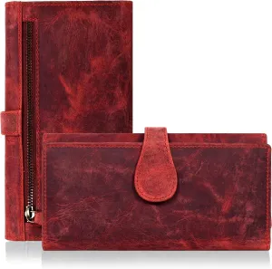 ESTALON Leather Long Bifold Wallet for Women | RFID Blocking | 11 Card Organizer Slots | 3 ID Windows | Trendy Women's Travel Wallet | Ladies Clutch Purse | Gifts for Her | Red Hunter