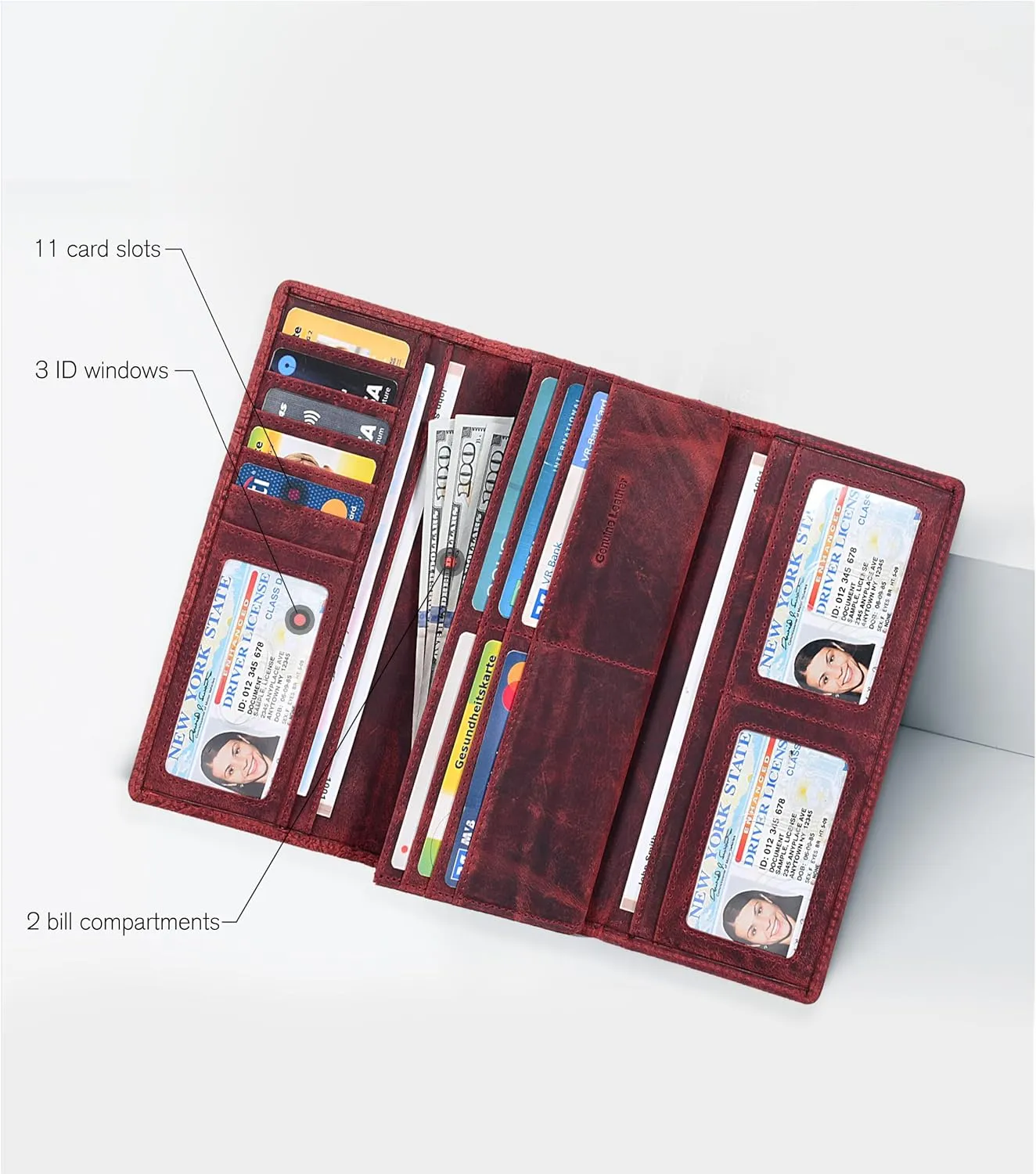 ESTALON Leather Long Bifold Wallet for Women | RFID Blocking | 11 Card Organizer Slots | 3 ID Windows | Trendy Women's Travel Wallet | Ladies Clutch Purse | Gifts for Her | Red Hunter