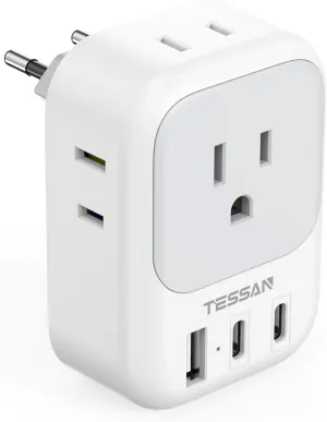 European Travel Plug Adapter, TESSAN Type C Power Adaptor with 4 AC Outlets 3 USB Ports (2 USB C), Europe Outlet Adapter for USA to EU Euro International Italy Iceland Spain France Greece Germany