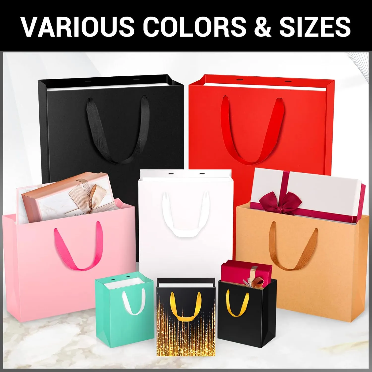 EUSOAR Shopping Bags for Boutique, 20pcs 7.8" x 3.9" x 11" Medium Sturdy Black Kraft Paper Gift Bags with Cloth Handle Bulk for Business, Craft Grocery, Party, Wedding