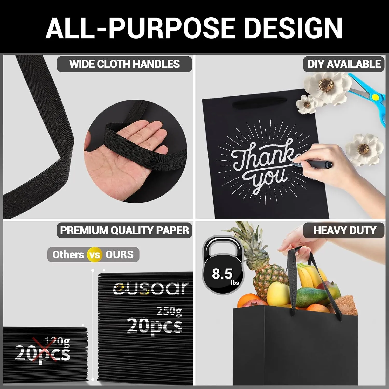 EUSOAR Shopping Bags for Boutique, 20pcs 7.8" x 3.9" x 11" Medium Sturdy Black Kraft Paper Gift Bags with Cloth Handle Bulk for Business, Craft Grocery, Party, Wedding