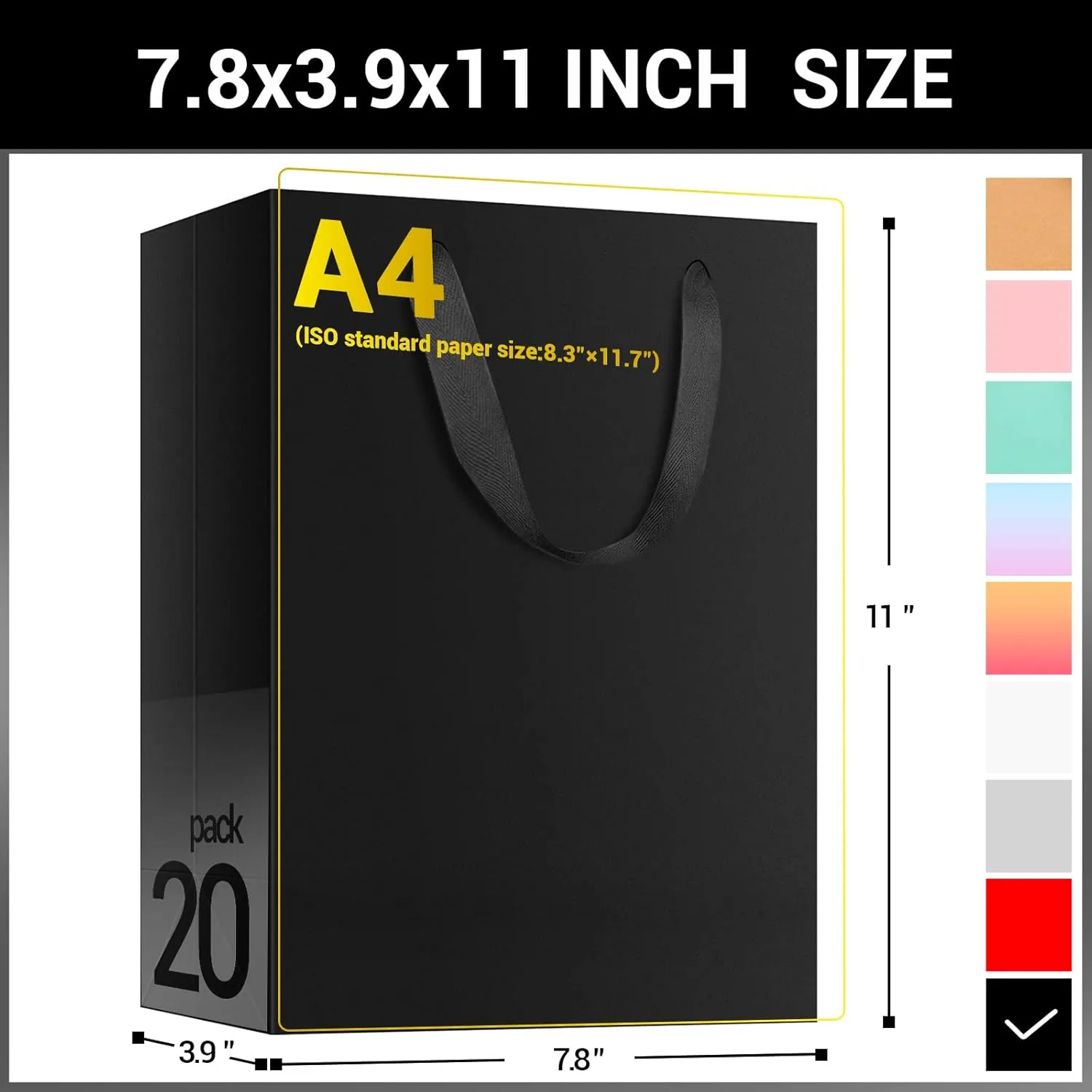 EUSOAR Shopping Bags for Boutique, 20pcs 7.8" x 3.9" x 11" Medium Sturdy Black Kraft Paper Gift Bags with Cloth Handle Bulk for Business, Craft Grocery, Party, Wedding