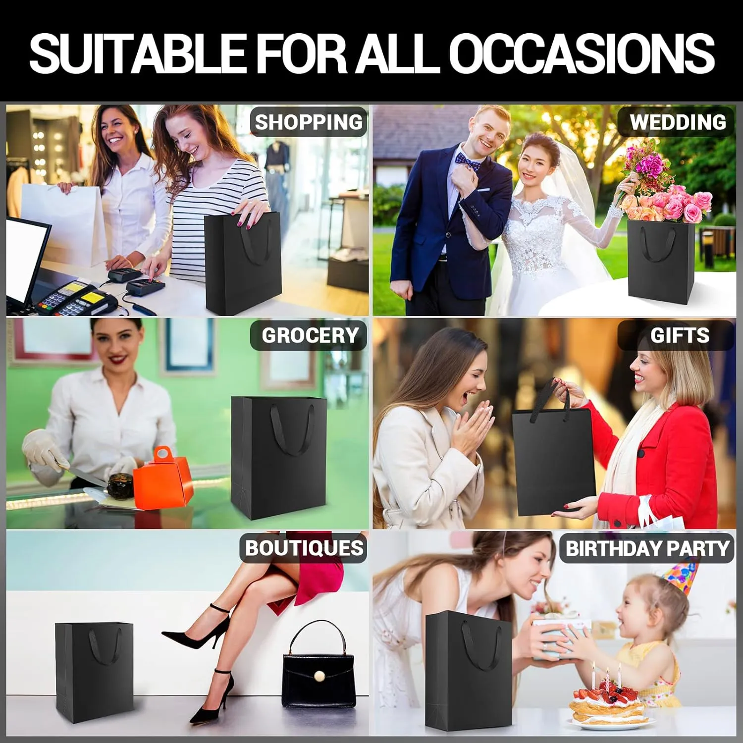 EUSOAR Shopping Bags for Boutique, 20pcs 7.8" x 3.9" x 11" Medium Sturdy Black Kraft Paper Gift Bags with Cloth Handle Bulk for Business, Craft Grocery, Party, Wedding