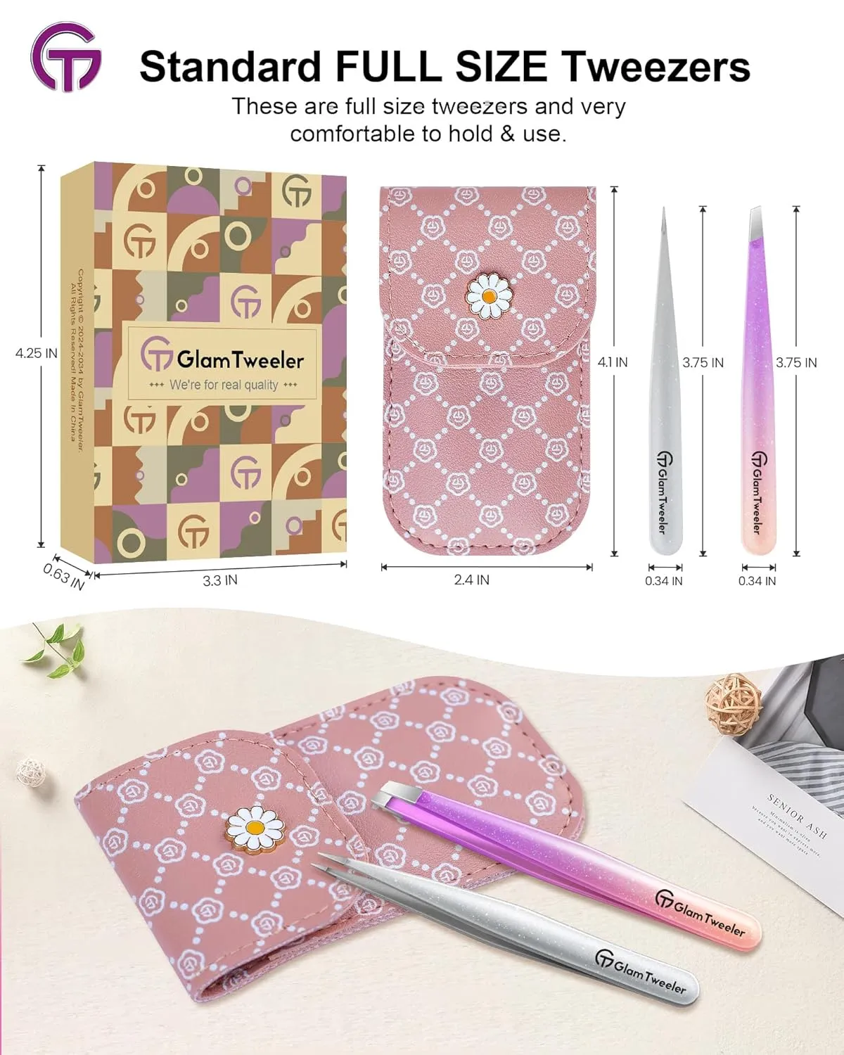 Expert Slant and Point Tip Tweezer Set with Exclusive Storage & Carrying Case, GlamTweeler Sharp & Precision Tweezer Set for Eyebrows, Facial Hairs and Fine Hairs Removal (Sparkle Violet   Silver)