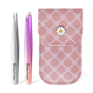 Expert Slant and Point Tip Tweezer Set with Exclusive Storage & Carrying Case, GlamTweeler Sharp & Precision Tweezer Set for Eyebrows, Facial Hairs and Fine Hairs Removal (Sparkle Violet   Silver)