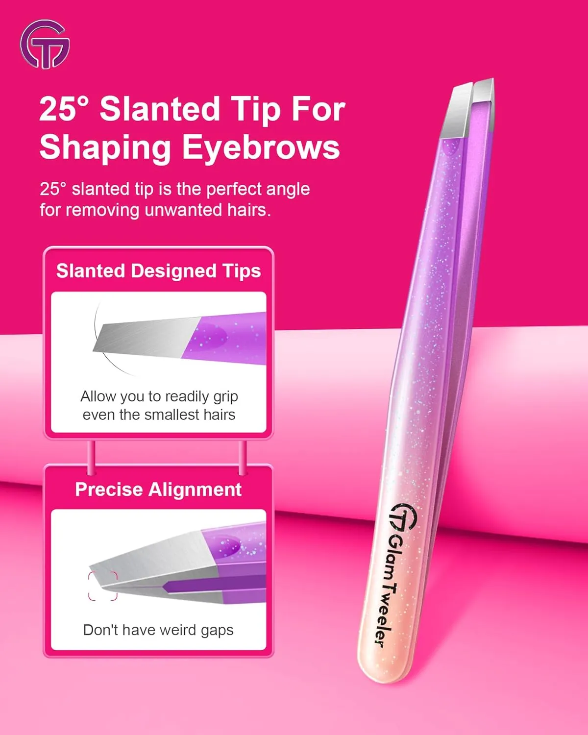 Expert Slant and Point Tip Tweezer Set with Exclusive Storage & Carrying Case, GlamTweeler Sharp & Precision Tweezer Set for Eyebrows, Facial Hairs and Fine Hairs Removal (Sparkle Violet   Silver)