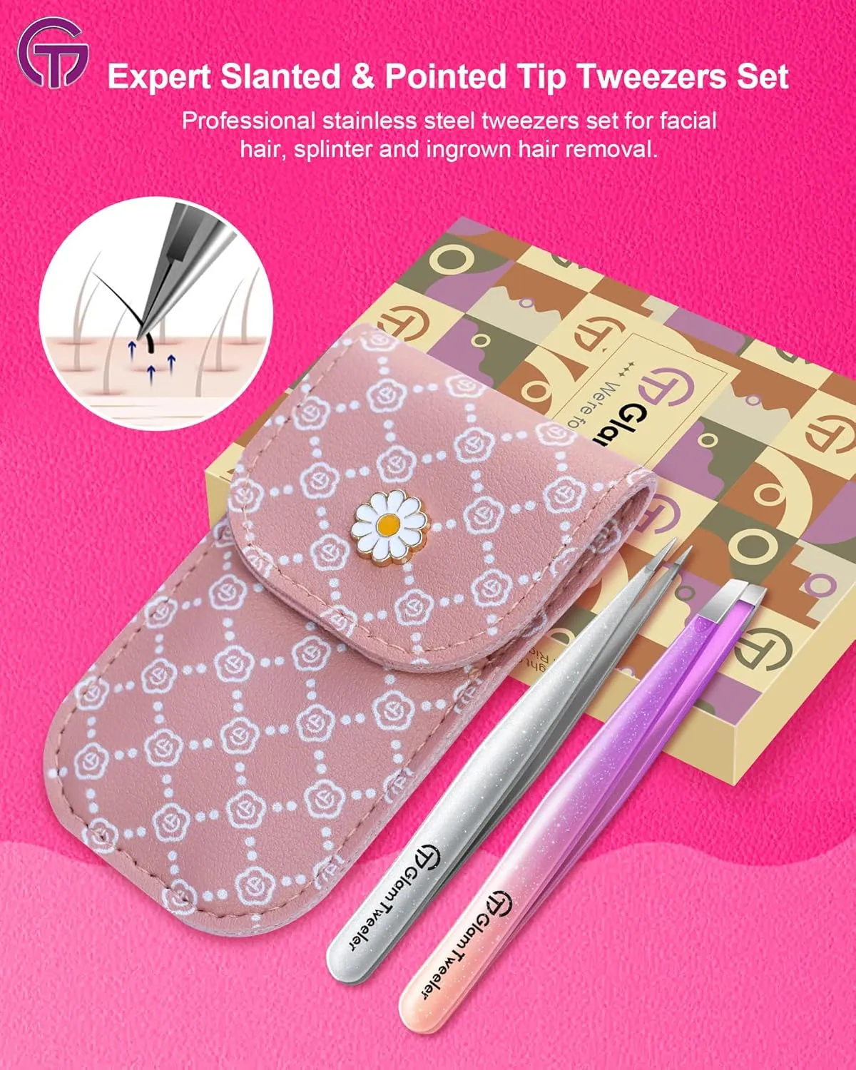 Expert Slant and Point Tip Tweezer Set with Exclusive Storage & Carrying Case, GlamTweeler Sharp & Precision Tweezer Set for Eyebrows, Facial Hairs and Fine Hairs Removal (Sparkle Violet   Silver)