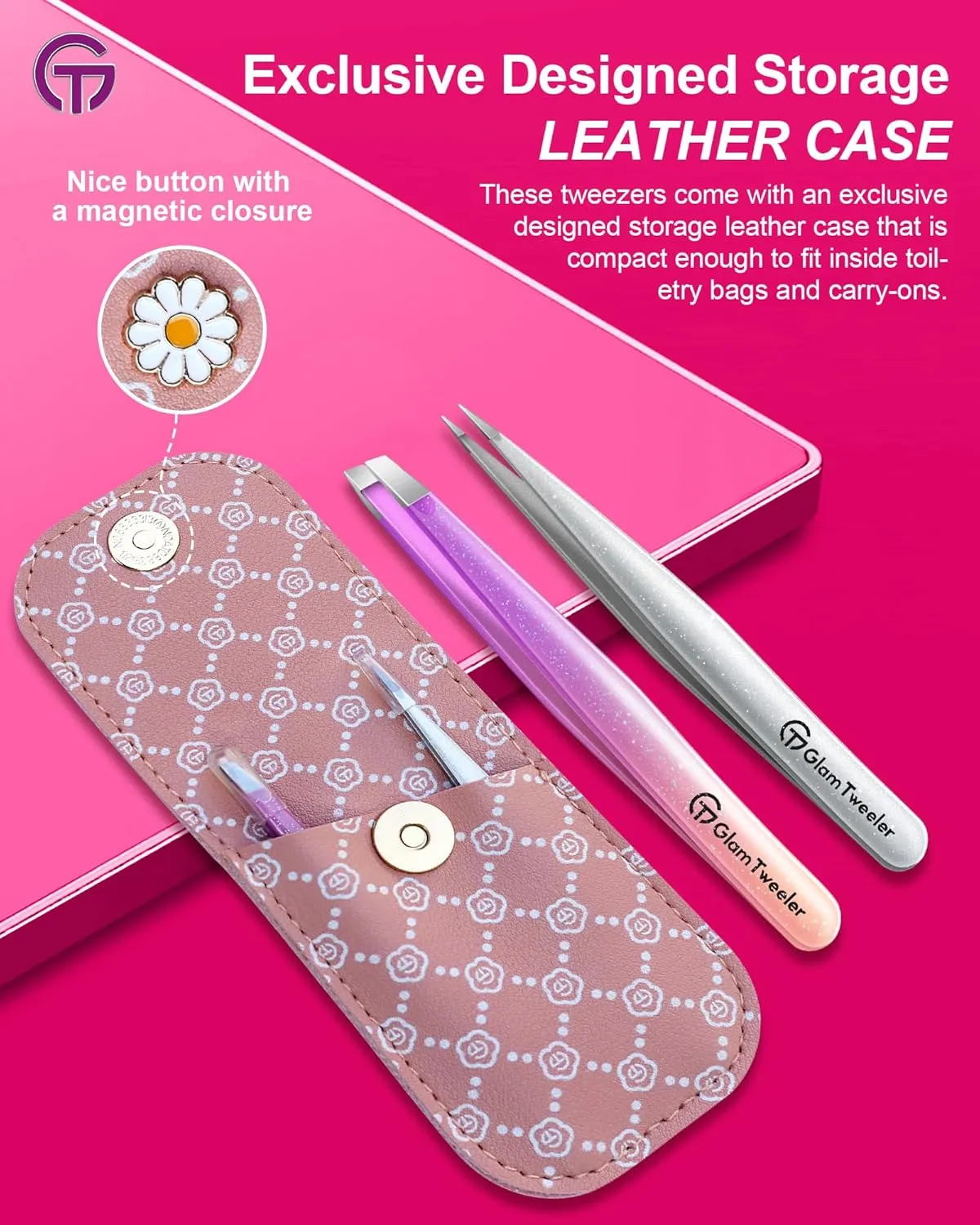 Expert Slant and Point Tip Tweezer Set with Exclusive Storage & Carrying Case, GlamTweeler Sharp & Precision Tweezer Set for Eyebrows, Facial Hairs and Fine Hairs Removal (Sparkle Violet   Silver)