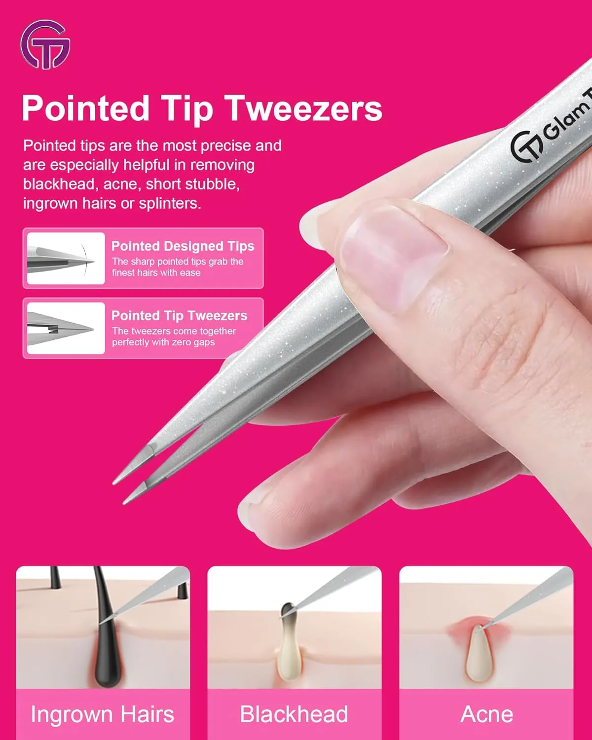 Expert Slant and Point Tip Tweezer Set with Exclusive Storage & Carrying Case, GlamTweeler Sharp & Precision Tweezer Set for Eyebrows, Facial Hairs and Fine Hairs Removal (Sparkle Violet   Silver)