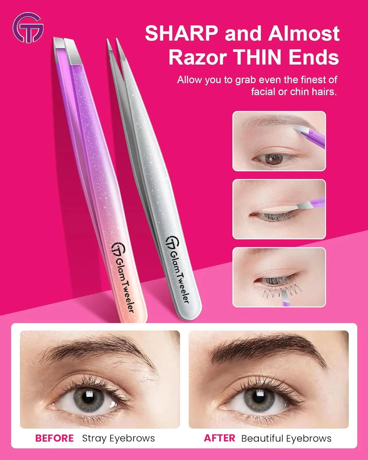 Expert Slant and Point Tip Tweezer Set with Exclusive Storage & Carrying Case, GlamTweeler Sharp & Precision Tweezer Set for Eyebrows, Facial Hairs and Fine Hairs Removal (Sparkle Violet   Silver)