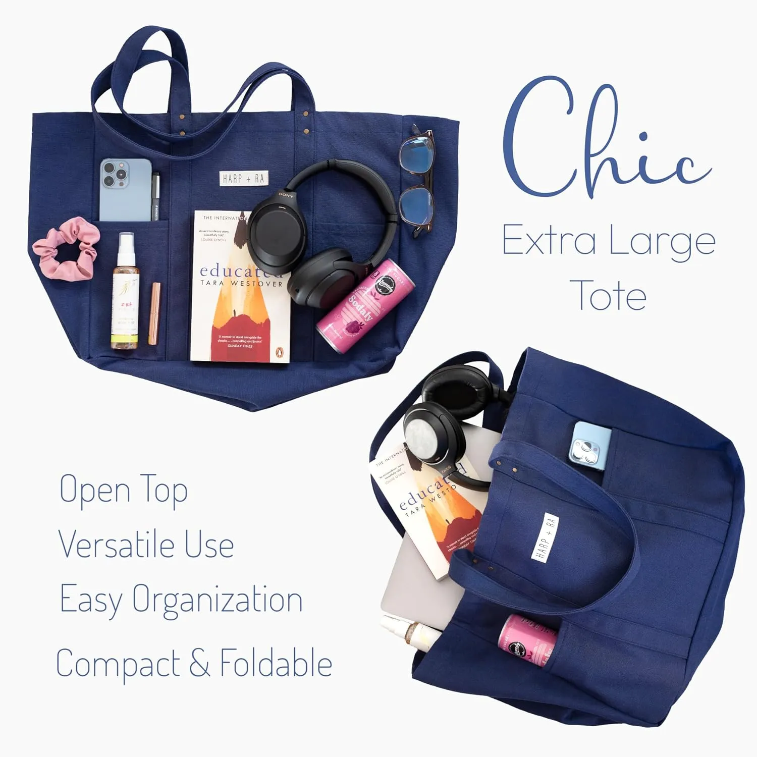 Extra Large Canvas Tote Bag - Utility with 2 Front Pockets and Laptop Sleeve, heavy duty everyday tote
