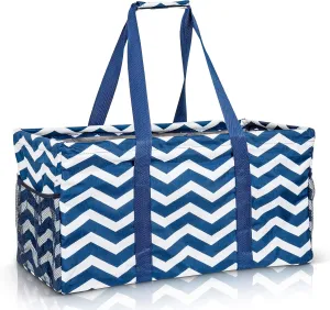 Extra Large Utility Tote Bag, Oversized Collapsible Reusable Wire Frame Rectangular Canvas Basket With Two Exterior Pockets For Beach, Pool, Laundry, Car Trunk, Storage - Chevron Navy