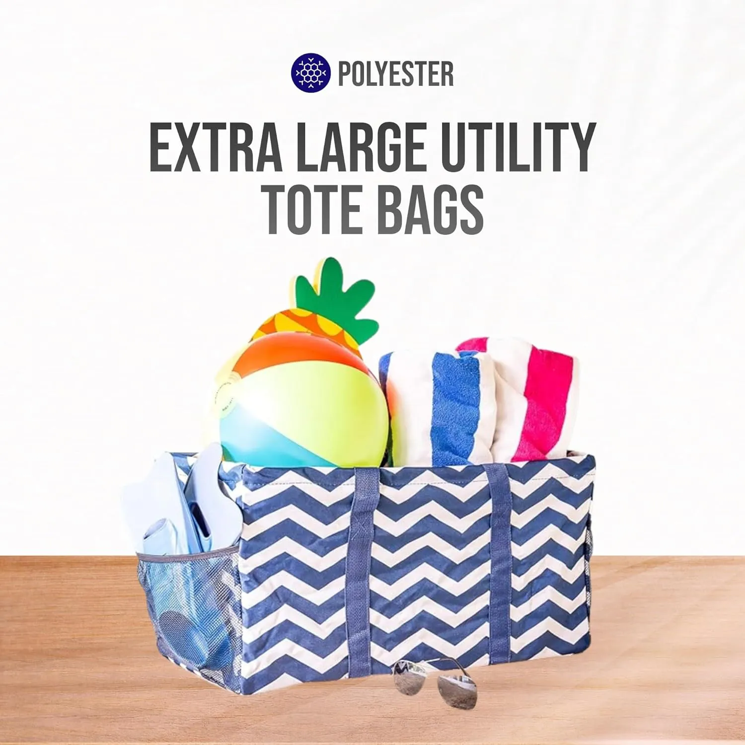 Extra Large Utility Tote Bag, Oversized Collapsible Reusable Wire Frame Rectangular Canvas Basket With Two Exterior Pockets For Beach, Pool, Laundry, Car Trunk, Storage - Chevron Navy