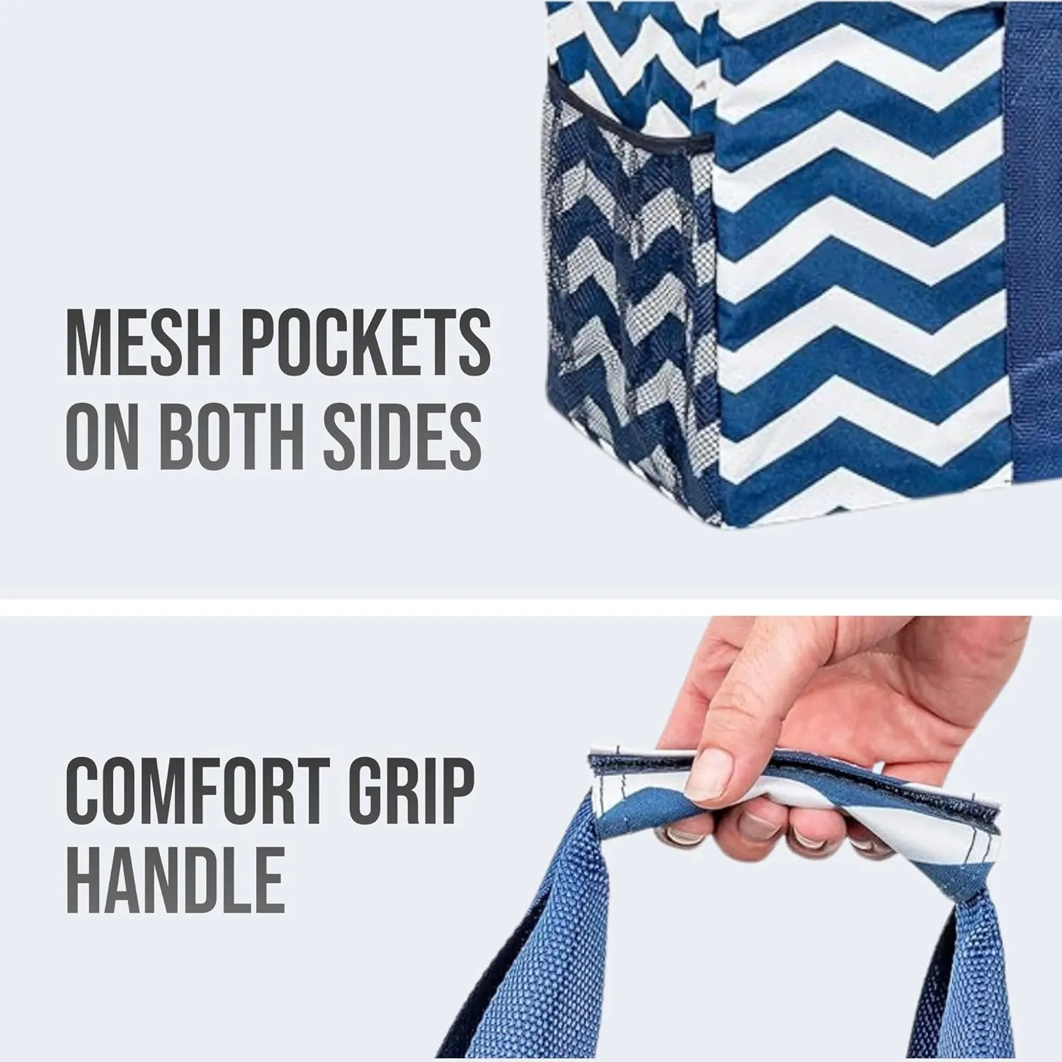 Extra Large Utility Tote Bag, Oversized Collapsible Reusable Wire Frame Rectangular Canvas Basket With Two Exterior Pockets For Beach, Pool, Laundry, Car Trunk, Storage - Chevron Navy