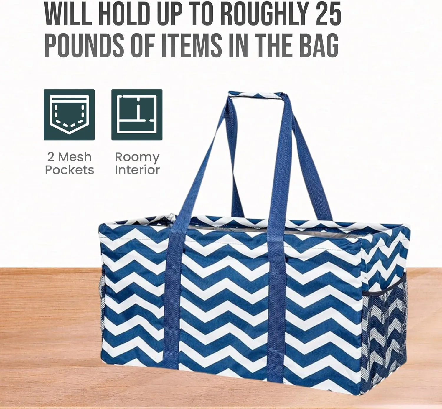 Extra Large Utility Tote Bag, Oversized Collapsible Reusable Wire Frame Rectangular Canvas Basket With Two Exterior Pockets For Beach, Pool, Laundry, Car Trunk, Storage - Chevron Navy