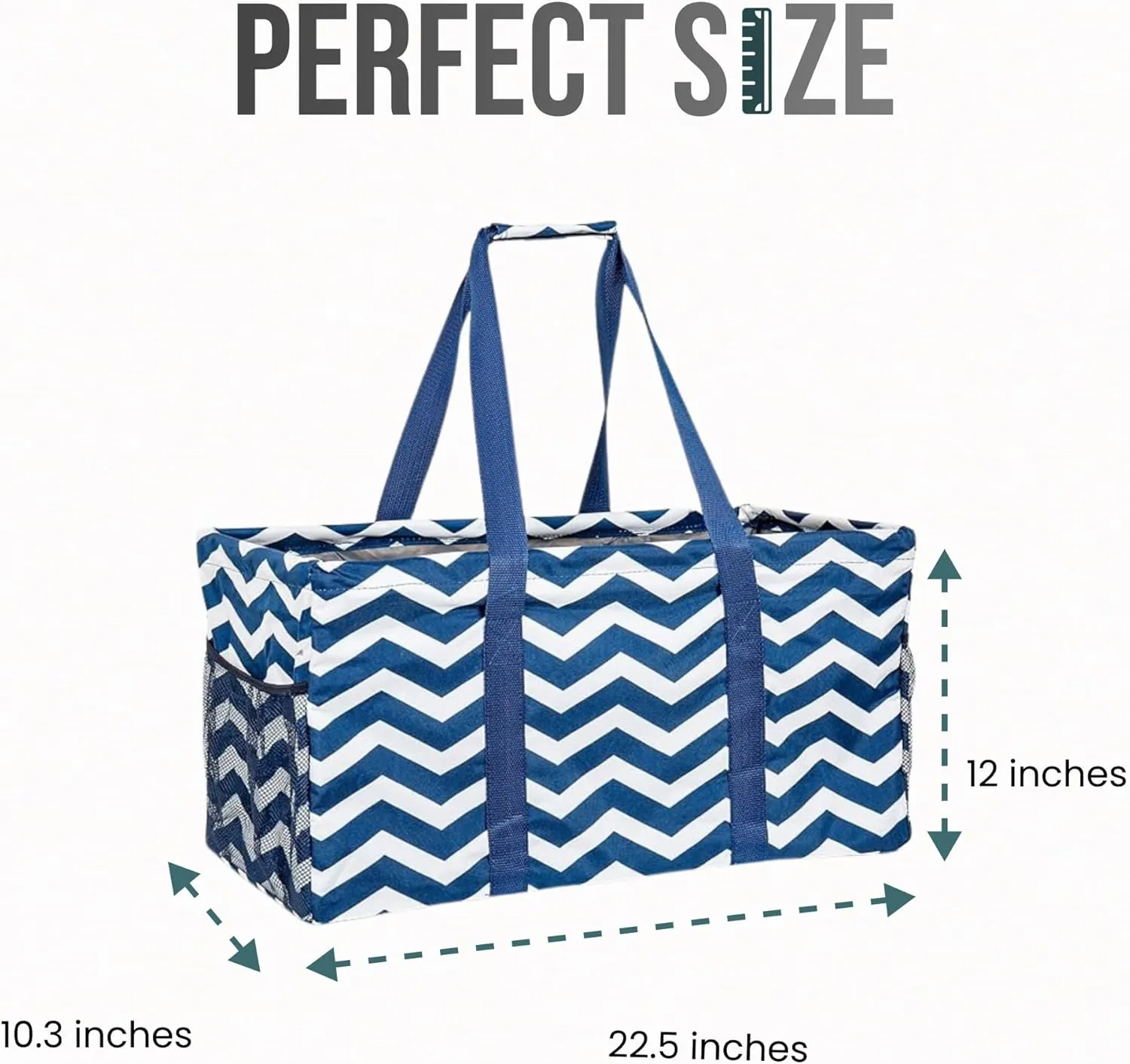 Extra Large Utility Tote Bag, Oversized Collapsible Reusable Wire Frame Rectangular Canvas Basket With Two Exterior Pockets For Beach, Pool, Laundry, Car Trunk, Storage - Chevron Navy