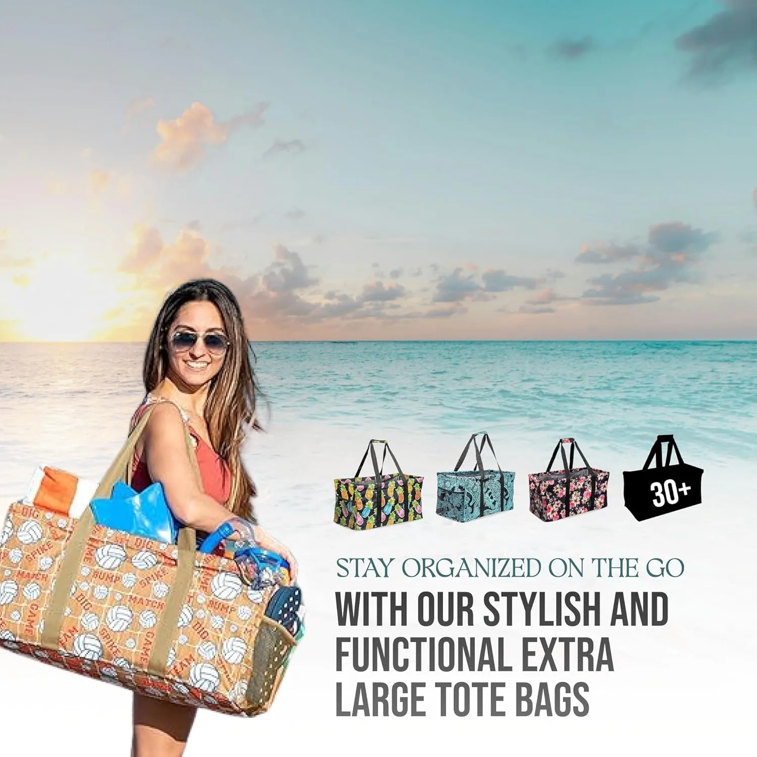 Extra Large Utility Tote Bag, Oversized Collapsible Reusable Wire Frame Rectangular Canvas Basket With Two Exterior Pockets For Beach, Pool, Laundry, Car Trunk, Storage - Chevron Navy