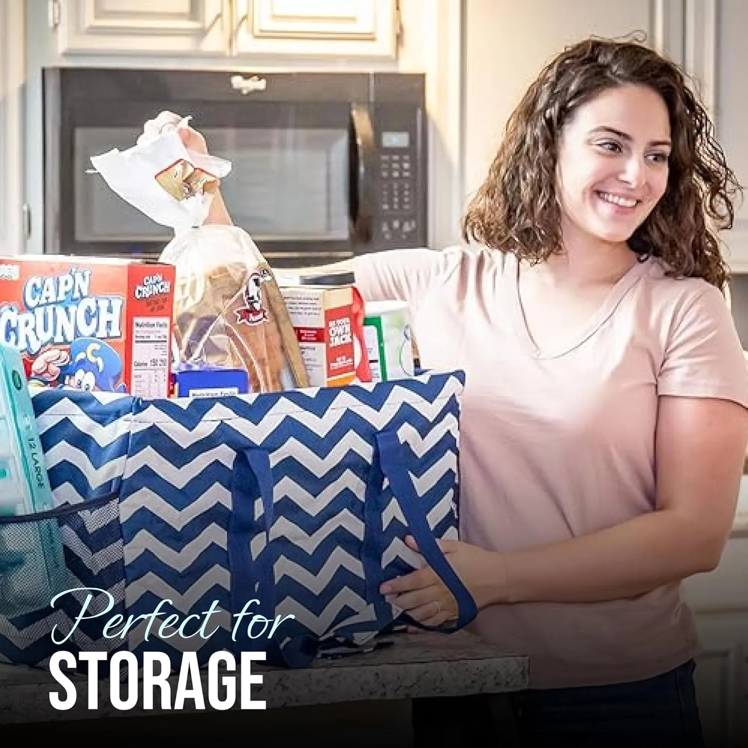 Extra Large Utility Tote Bag, Oversized Collapsible Reusable Wire Frame Rectangular Canvas Basket With Two Exterior Pockets For Beach, Pool, Laundry, Car Trunk, Storage - Chevron Navy