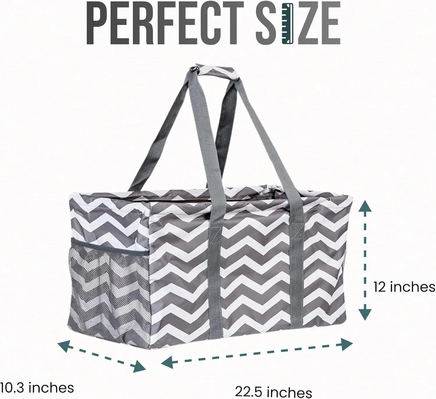 Extra Large Utility Tote Bag, Oversized Collapsible Reusable Wire Frame Rectangular Canvas Basket With Two Exterior Pockets For Beach, Pool, Laundry, Car Trunk, Storage - Geo Grey