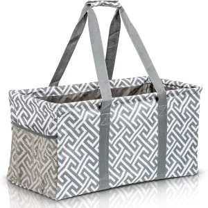 Extra Large Utility Tote Bag, Oversized Collapsible Reusable Wire Frame Rectangular Canvas Basket With Two Exterior Pockets For Beach, Pool, Laundry, Car Trunk, Storage - Geo Grey