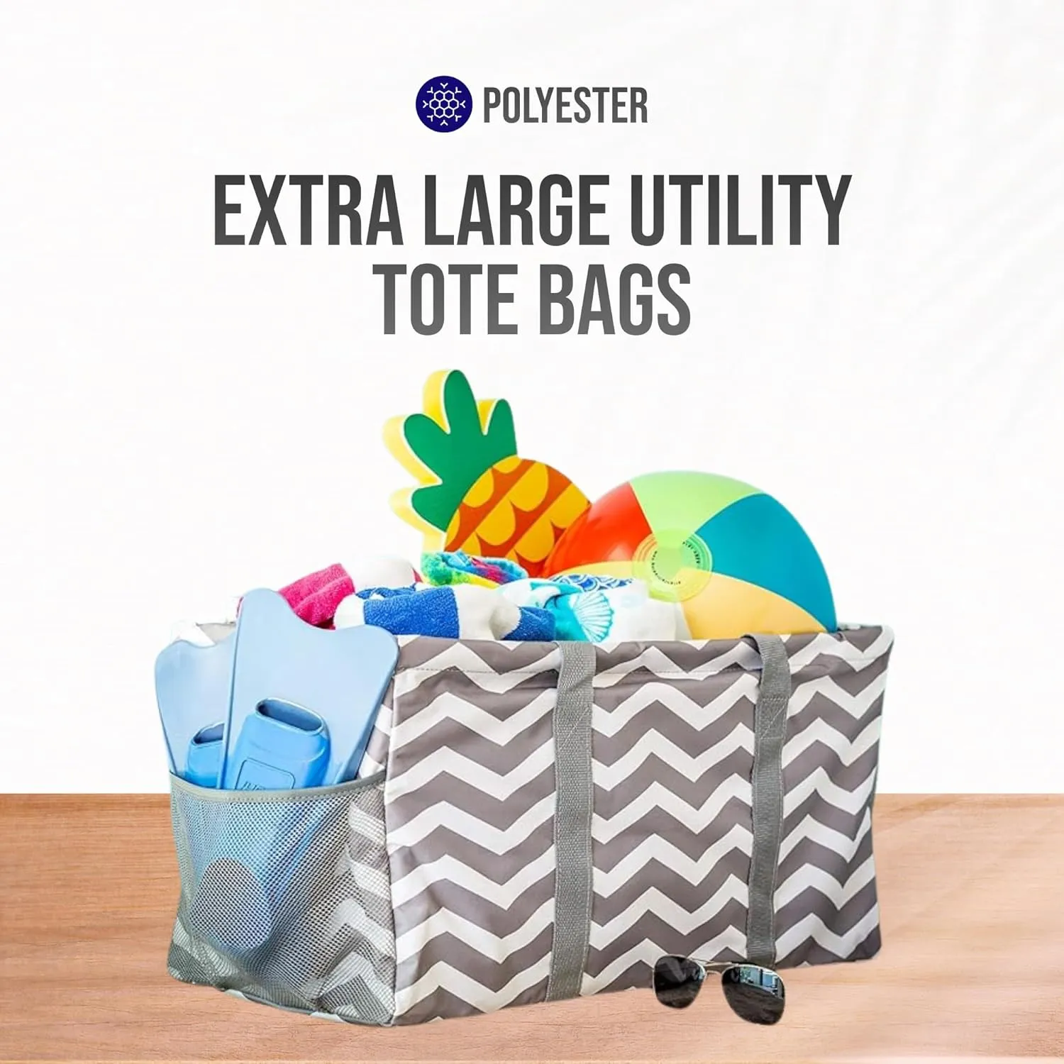 Extra Large Utility Tote Bag, Oversized Collapsible Reusable Wire Frame Rectangular Canvas Basket With Two Exterior Pockets For Beach, Pool, Laundry, Car Trunk, Storage - Geo Grey