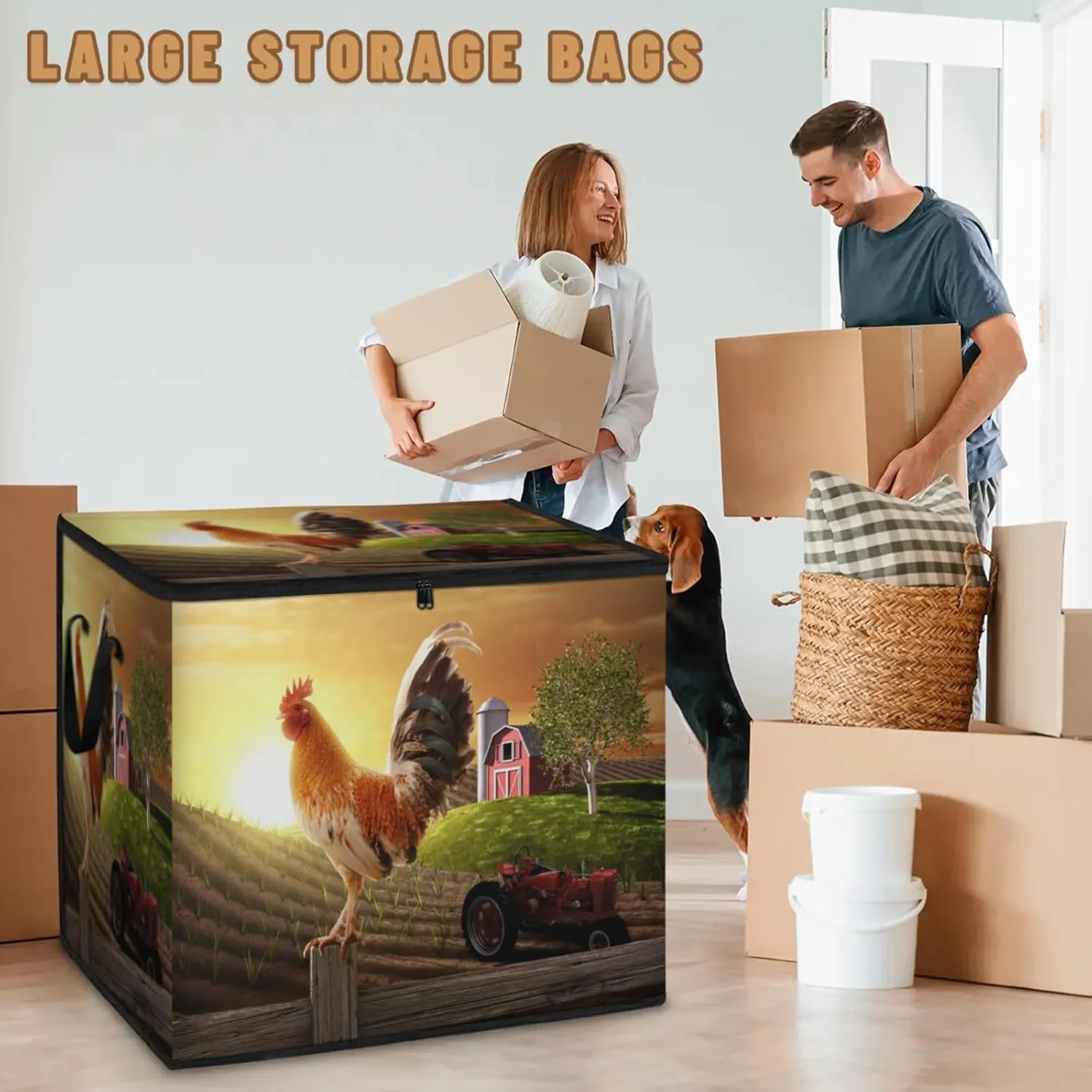Farmhouse Rooster Farmland Extra Large Storage Bags 214L Foldable Clothes Storage Containers Closet Organizers Storage Bins with Handles for Clothing Blanket Bedding Comforter