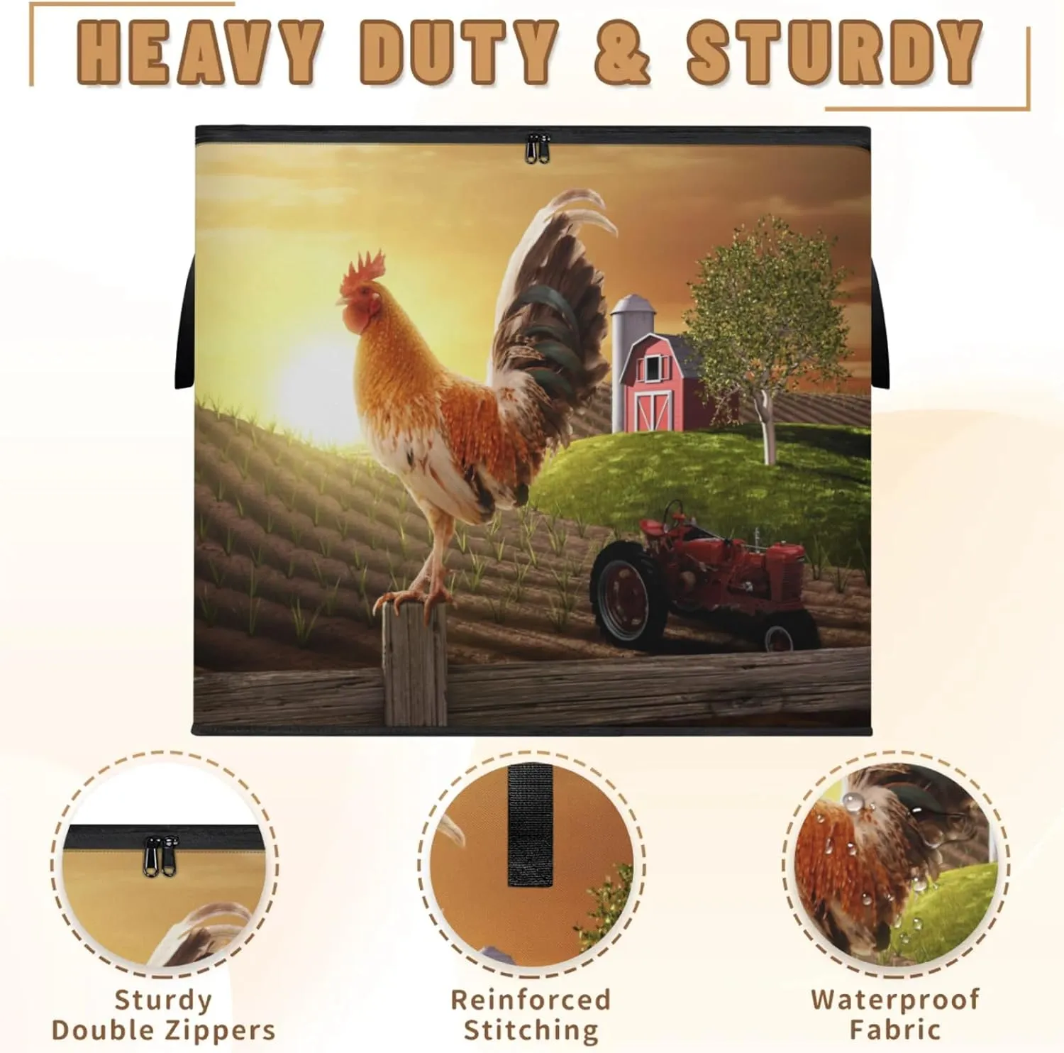 Farmhouse Rooster Farmland Extra Large Storage Bags 214L Foldable Clothes Storage Containers Closet Organizers Storage Bins with Handles for Clothing Blanket Bedding Comforter