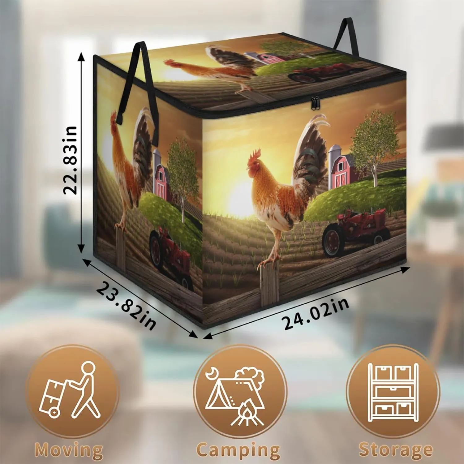 Farmhouse Rooster Farmland Extra Large Storage Bags 214L Foldable Clothes Storage Containers Closet Organizers Storage Bins with Handles for Clothing Blanket Bedding Comforter