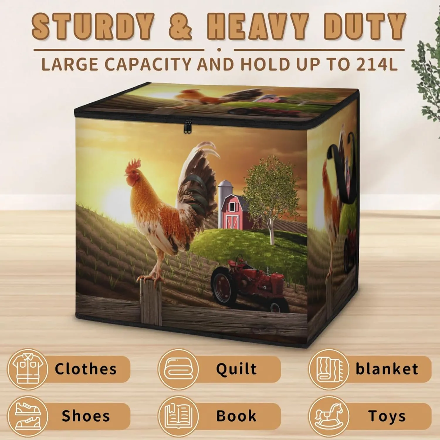 Farmhouse Rooster Farmland Extra Large Storage Bags 214L Foldable Clothes Storage Containers Closet Organizers Storage Bins with Handles for Clothing Blanket Bedding Comforter