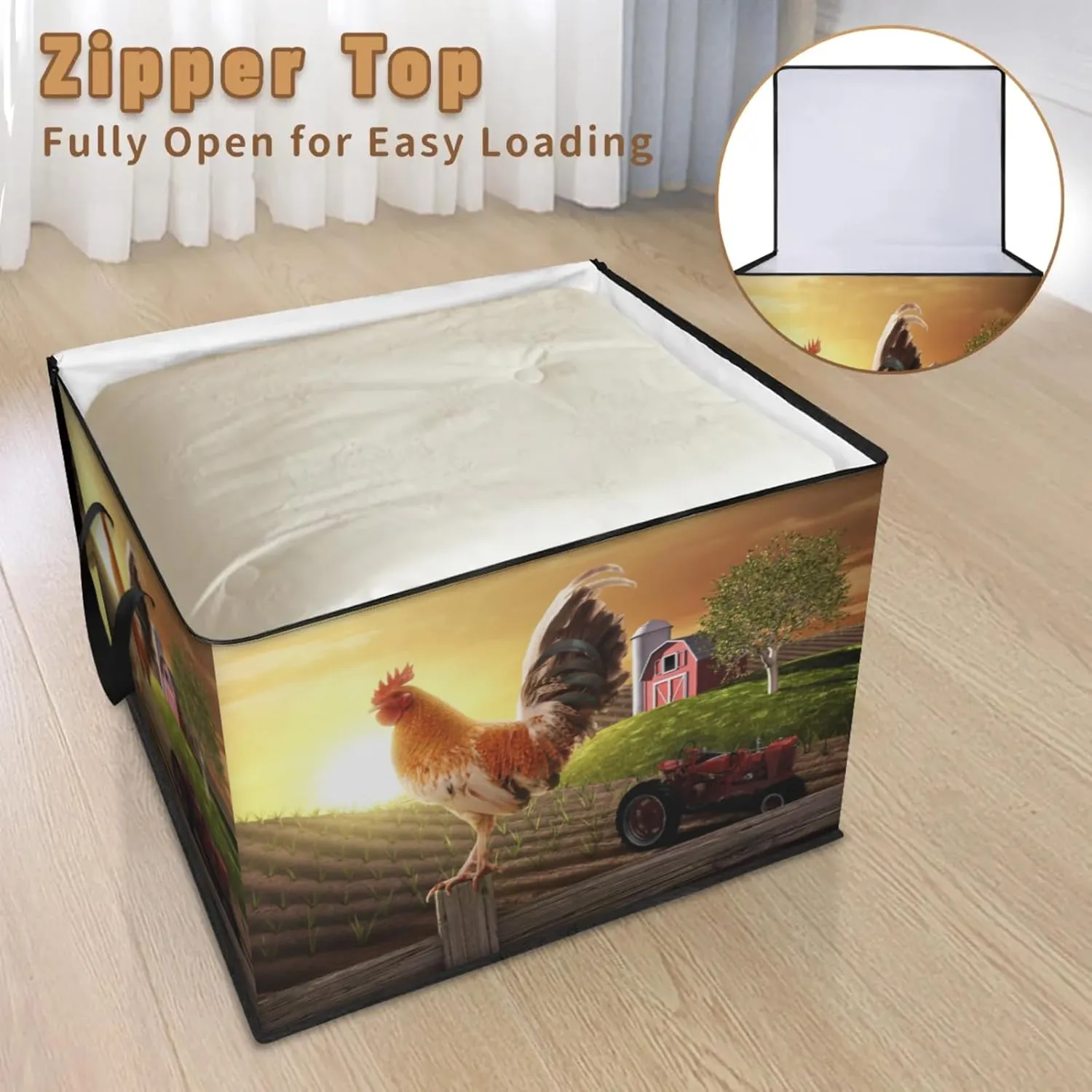 Farmhouse Rooster Farmland Extra Large Storage Bags 214L Foldable Clothes Storage Containers Closet Organizers Storage Bins with Handles for Clothing Blanket Bedding Comforter