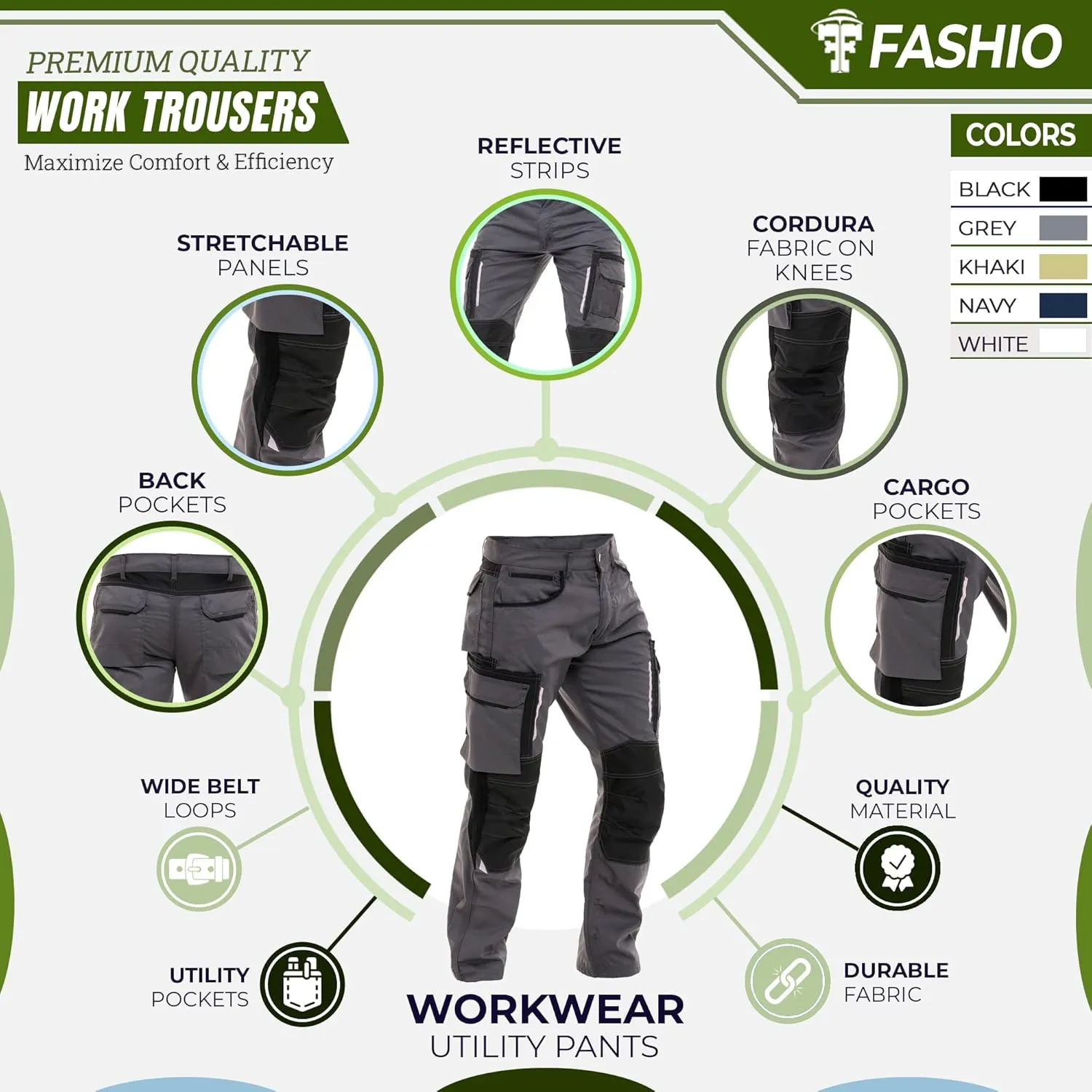 FASHIO FF Mens Construction Pants Utility Work Heavy Duty Workwear Trousers Carpenter Knee Reinforcement Cordura Safety Pants
