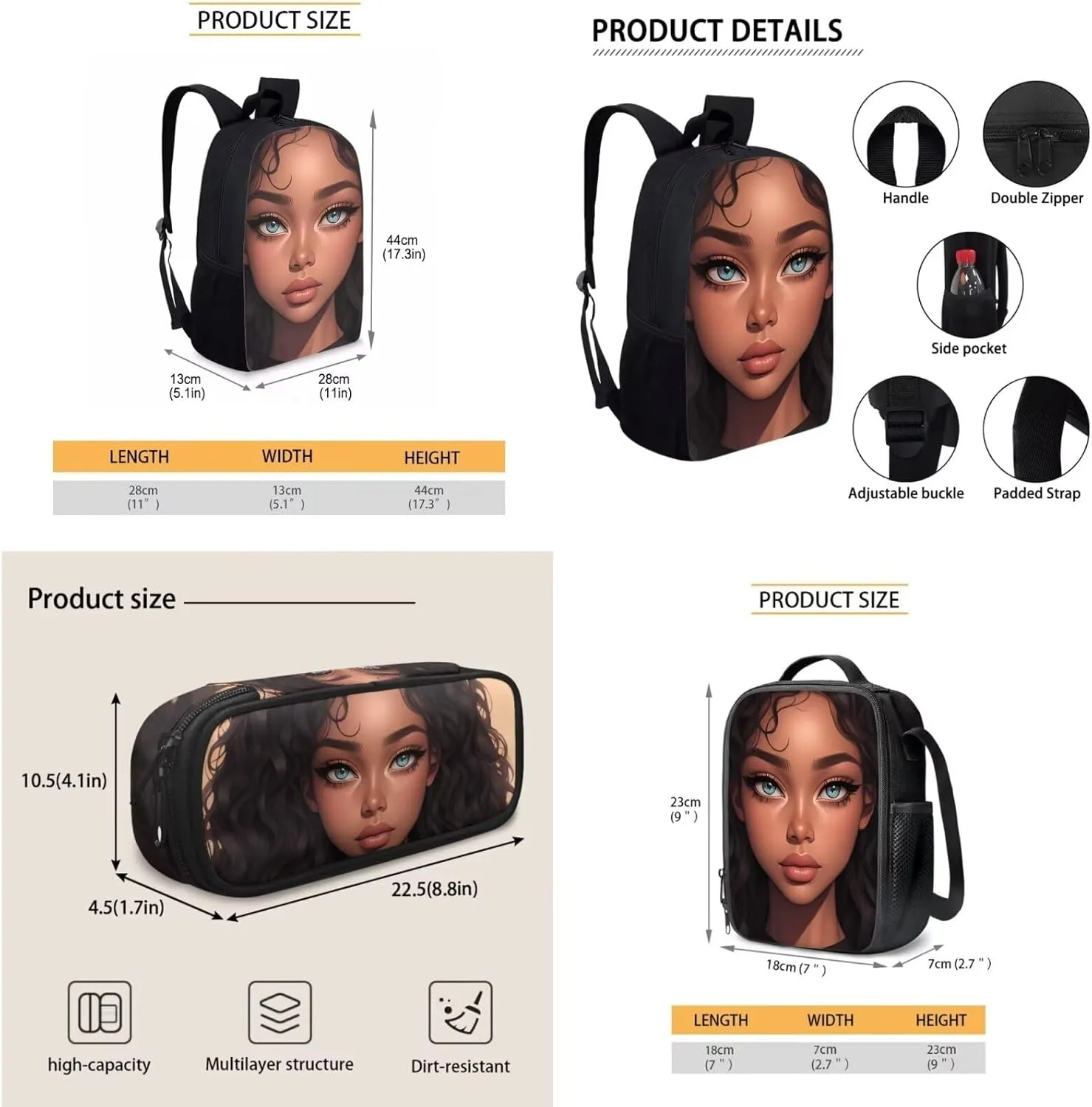 Fashion African Girl Print Kids Backpack Set for Girls Boys Lightweight 3Pcs School Bag with Adjustable Shoulder Strap Portable Lunchbox Compartments Pencil Case Brown