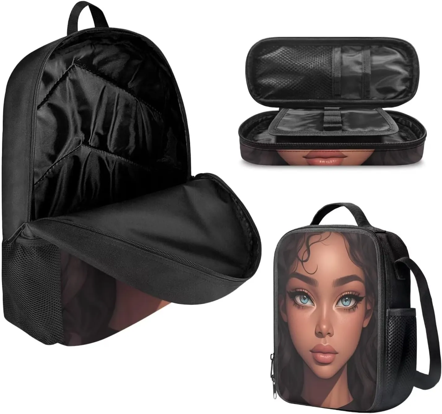 Fashion African Girl Print Kids Backpack Set for Girls Boys Lightweight 3Pcs School Bag with Adjustable Shoulder Strap Portable Lunchbox Compartments Pencil Case Brown