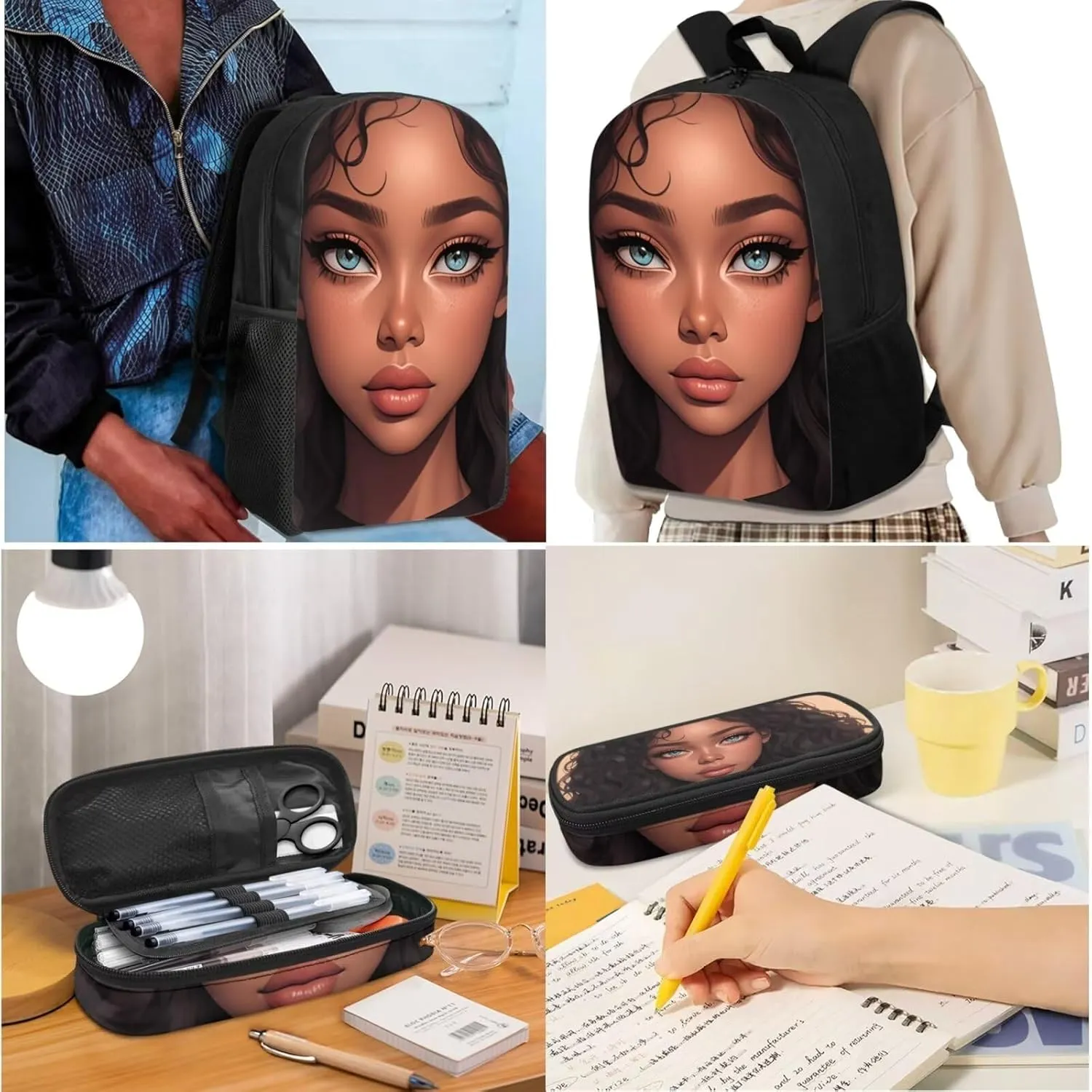 Fashion African Girl Print Kids Backpack Set for Girls Boys Lightweight 3Pcs School Bag with Adjustable Shoulder Strap Portable Lunchbox Compartments Pencil Case Brown