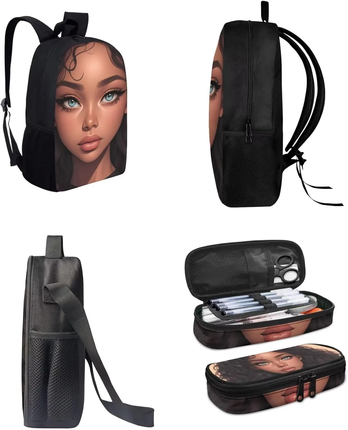Fashion African Girl Print Kids Backpack Set for Girls Boys Lightweight 3Pcs School Bag with Adjustable Shoulder Strap Portable Lunchbox Compartments Pencil Case Brown