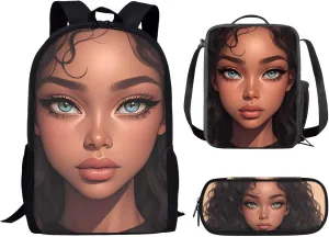 Fashion African Girl Print Kids Backpack Set for Girls Boys Lightweight 3Pcs School Bag with Adjustable Shoulder Strap Portable Lunchbox Compartments Pencil Case Brown