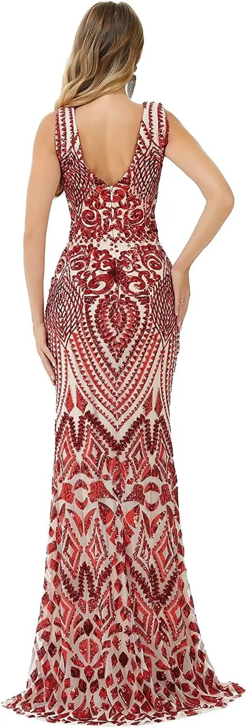 FCOMES Women's Short Sleeves Sequins Mermaid Evening Dress Formal Party Prom Gowns