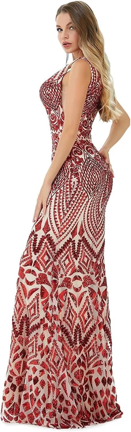 FCOMES Women's Short Sleeves Sequins Mermaid Evening Dress Formal Party Prom Gowns