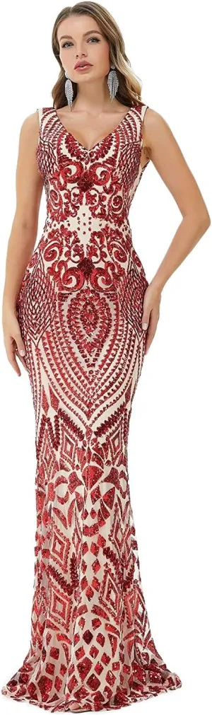FCOMES Women's Short Sleeves Sequins Mermaid Evening Dress Formal Party Prom Gowns