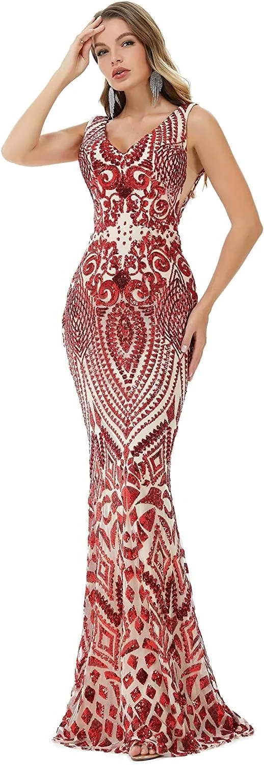FCOMES Women's Short Sleeves Sequins Mermaid Evening Dress Formal Party Prom Gowns