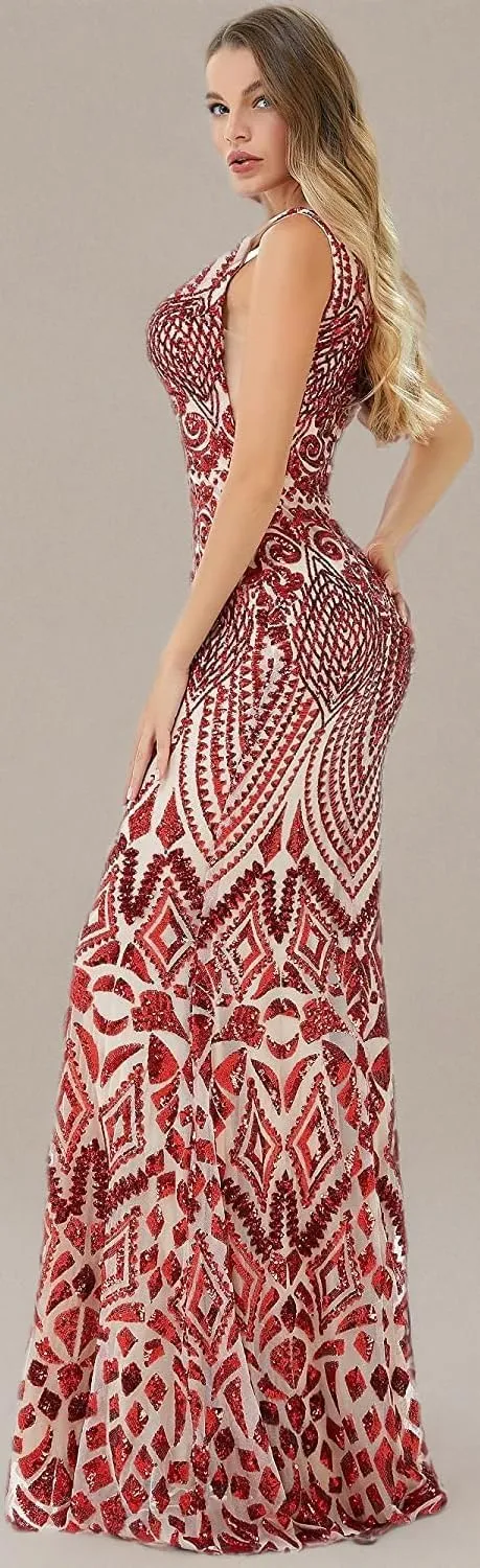 FCOMES Women's Short Sleeves Sequins Mermaid Evening Dress Formal Party Prom Gowns