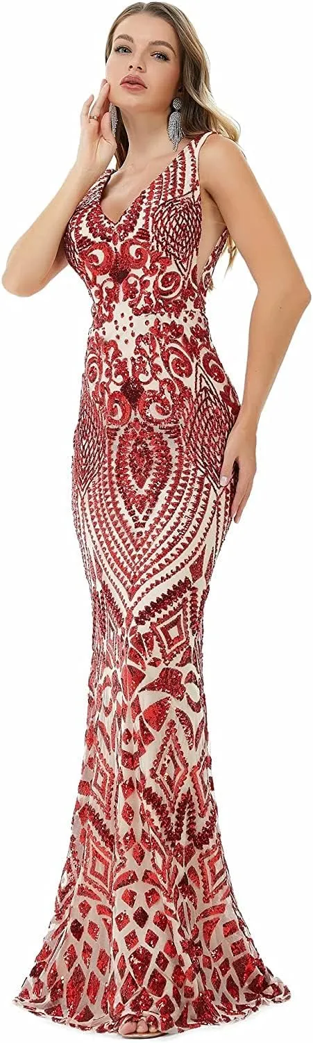 FCOMES Women's Short Sleeves Sequins Mermaid Evening Dress Formal Party Prom Gowns