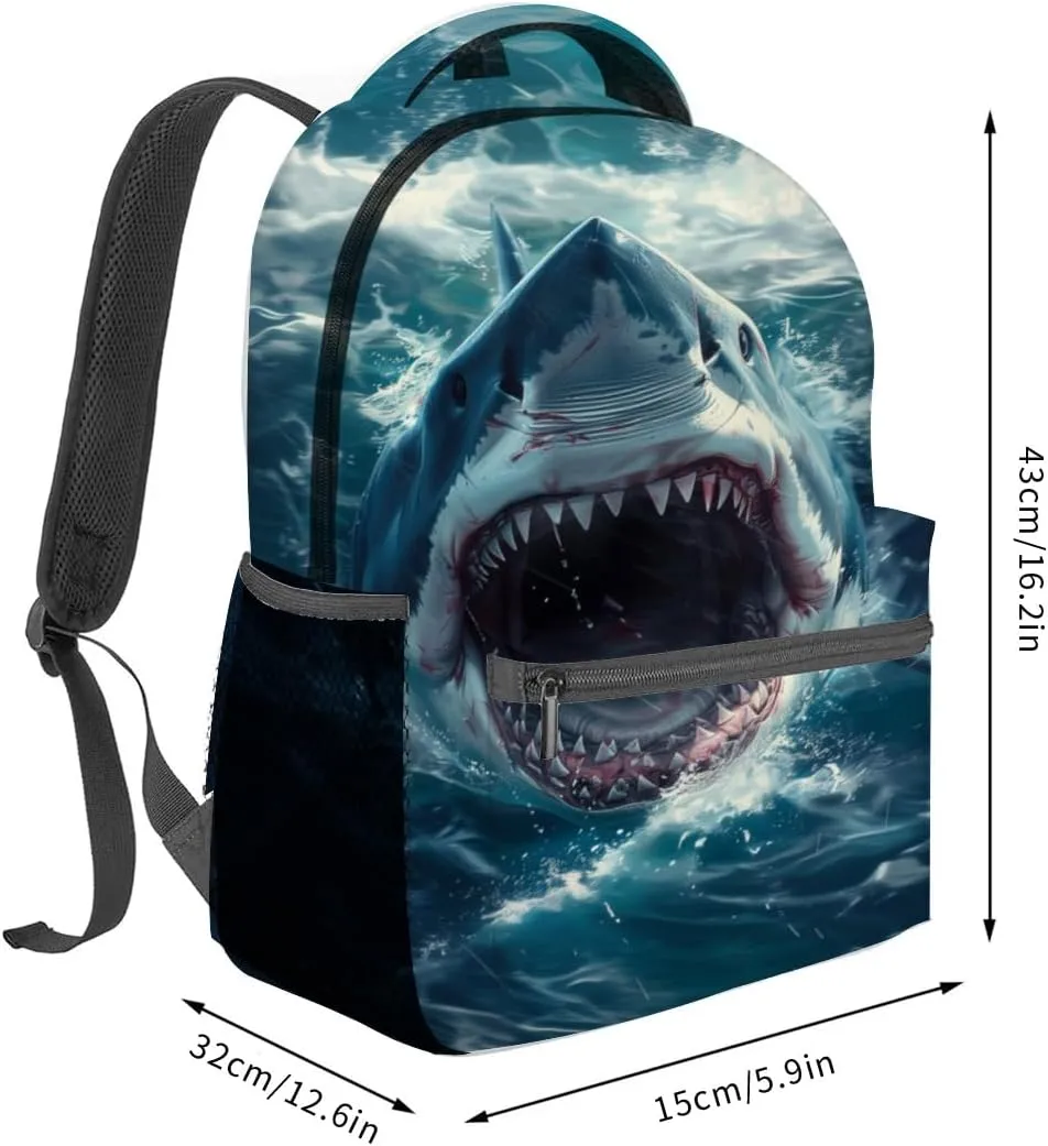 Fierce Shark Attack Backpack,Ocean Fish Polyester Backpacks,Lightweight Double Shoulder Back Pack for Kids Teens,Cool Predator Bookbag,School Bag Gifts,Casual Travel Daypack Book Packs