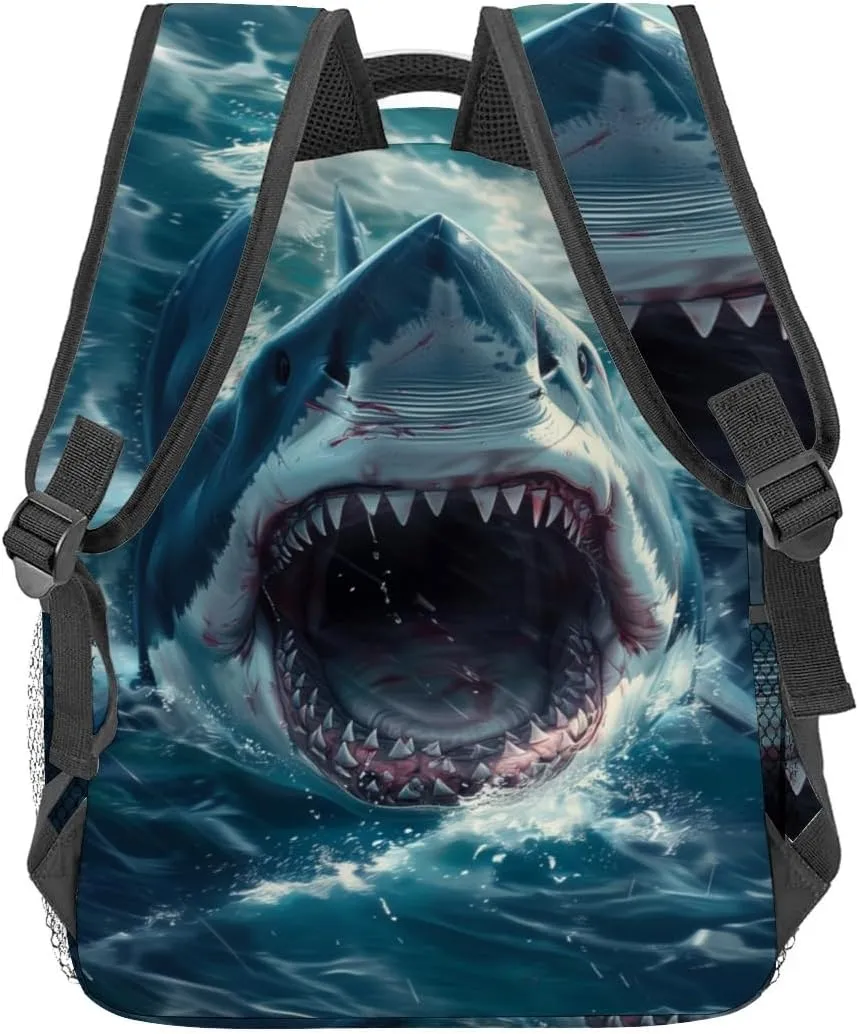 Fierce Shark Attack Backpack,Ocean Fish Polyester Backpacks,Lightweight Double Shoulder Back Pack for Kids Teens,Cool Predator Bookbag,School Bag Gifts,Casual Travel Daypack Book Packs