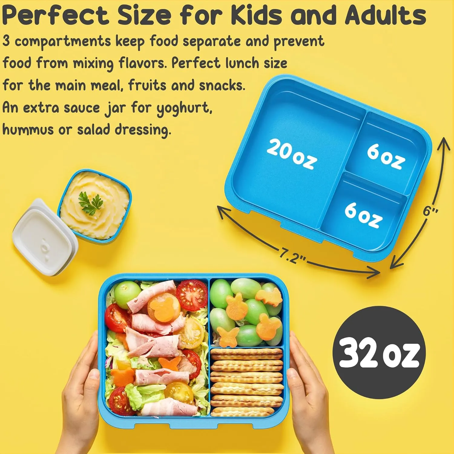 Fimibuke Bento Lunch Box for Kids, Leak-proof Boys Girls Bento Box with 3-Compartment BPA Free Dishwasher Safe Kids Lunch Portion Container Snack Box with Sauce Cup for Age 3-12 Kid Toddler for School