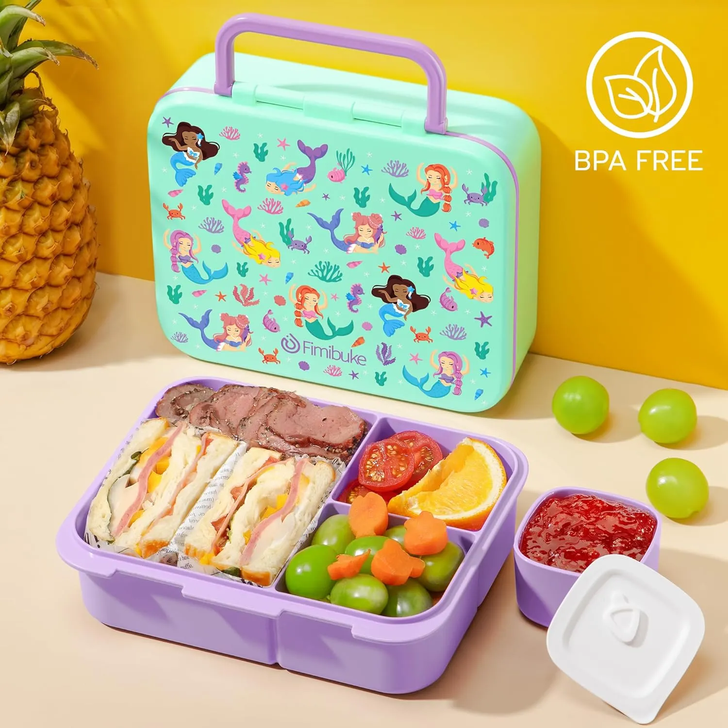 Fimibuke Bento Lunch Box for Kids, Leak-proof Boys Girls Bento Box with 3-Compartment BPA Free Dishwasher Safe Kids Lunch Portion Container Snack Box with Sauce Cup for Age 3-12 Kid Toddler for School