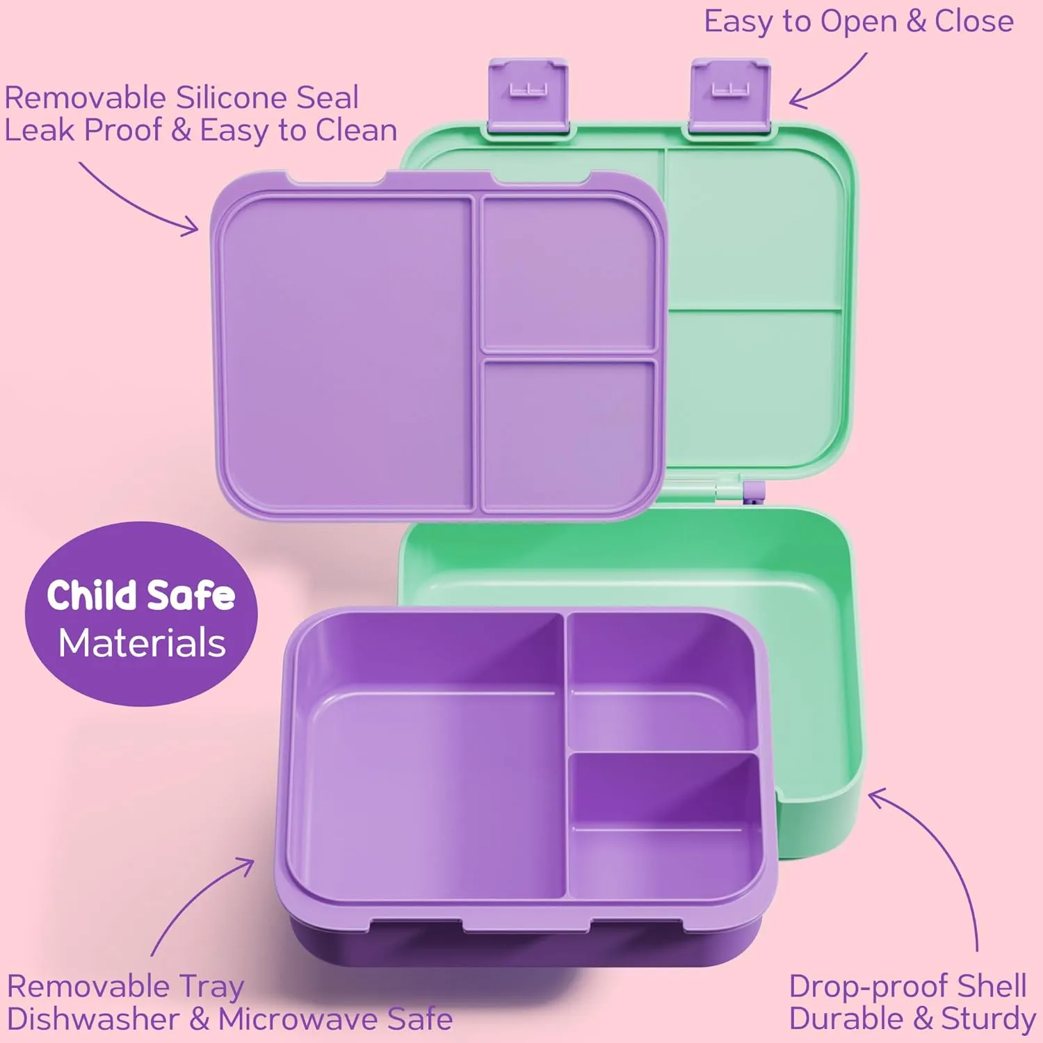 Fimibuke Bento Lunch Box for Kids, Leak-proof Boys Girls Bento Box with 3-Compartment BPA Free Dishwasher Safe Kids Lunch Portion Container Snack Box with Sauce Cup for Age 3-12 Kid Toddler for School