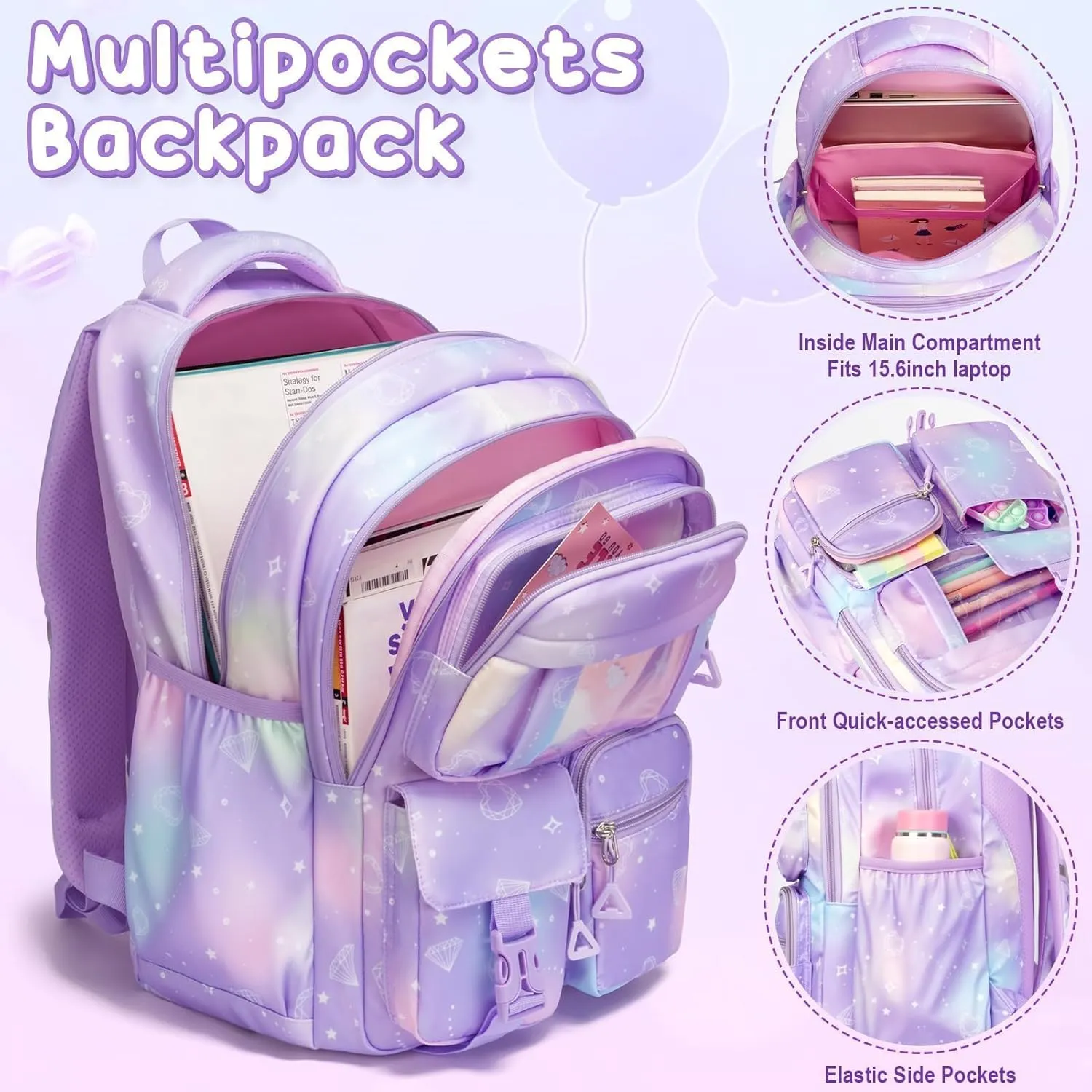 Fimibuke Girls Backpack for School, 3Pcs Waterproof Kids Backpack with Lunch Box & Pencil Bag - Lightweight School Backpack Multi-Pocket Bookbag for Elementary Middle School Student Teens Ages 6 