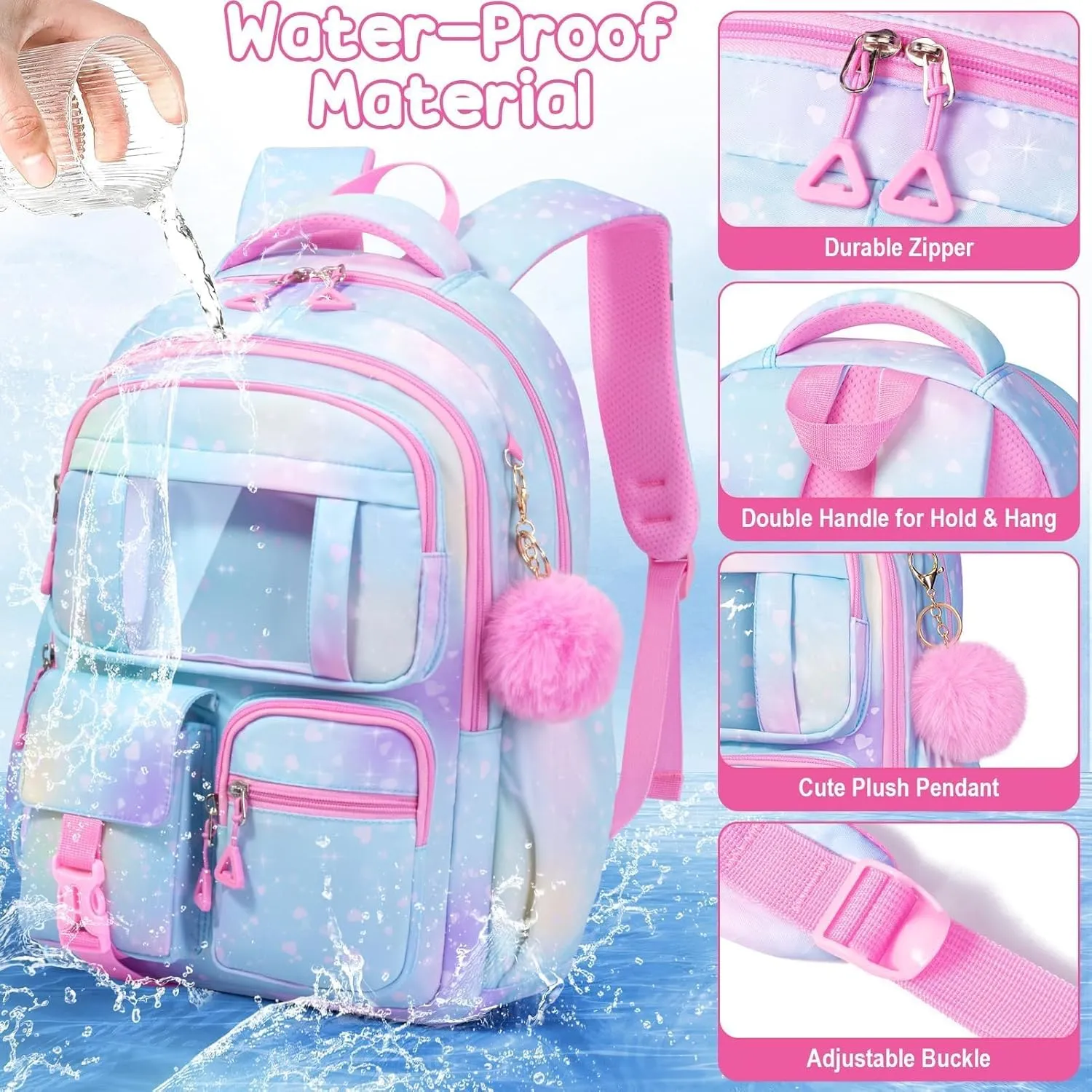 Fimibuke Girls Backpack for School, 3Pcs Waterproof Kids Backpack with Lunch Box & Pencil Bag - Lightweight School Backpack Multi-Pocket Bookbag for Elementary Middle School Student Teens Ages 6 